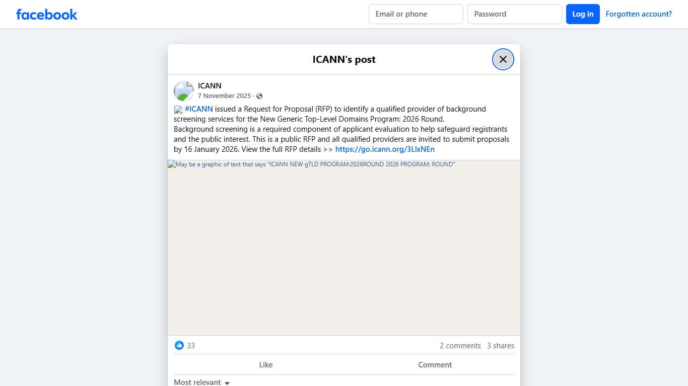 ICANN - 📢 #ICANN issued a Request for Proposal (RFP) to... Facebook
